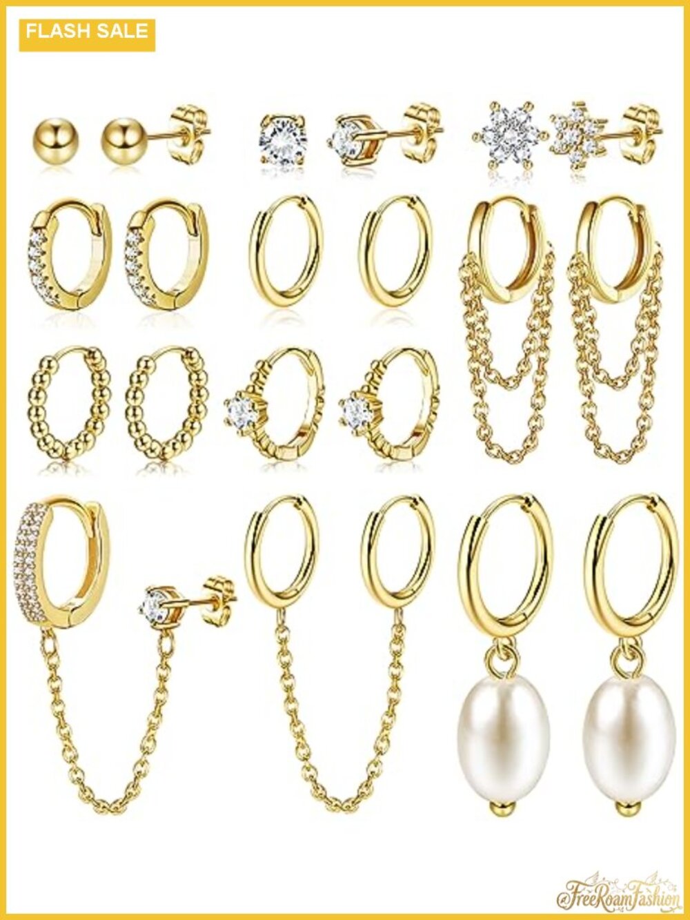 14K Gold Plated Huggie Hoop Earrings Set for Women Double Piercing Chain Pearl